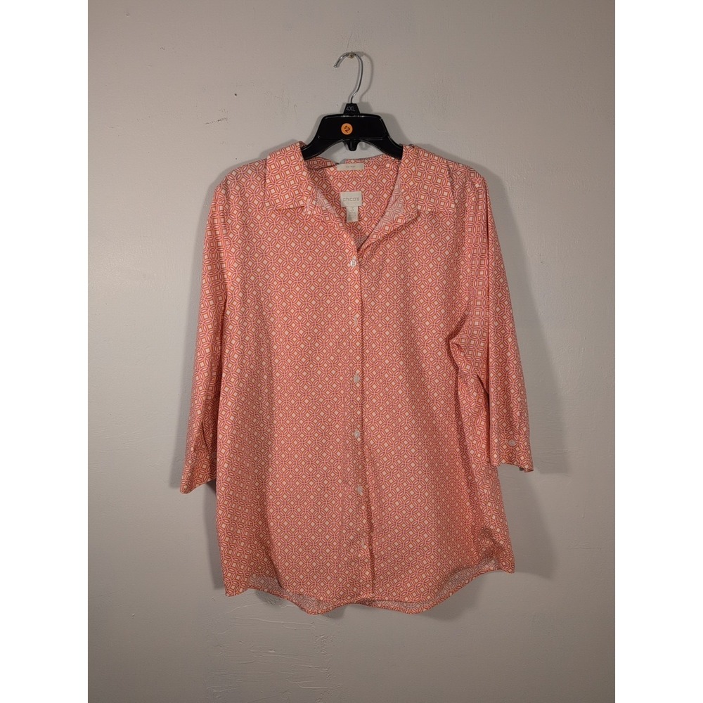 Chicos Orange Pink Diamond PatternNo-iron Top‎ Blouse Shirt Size 3